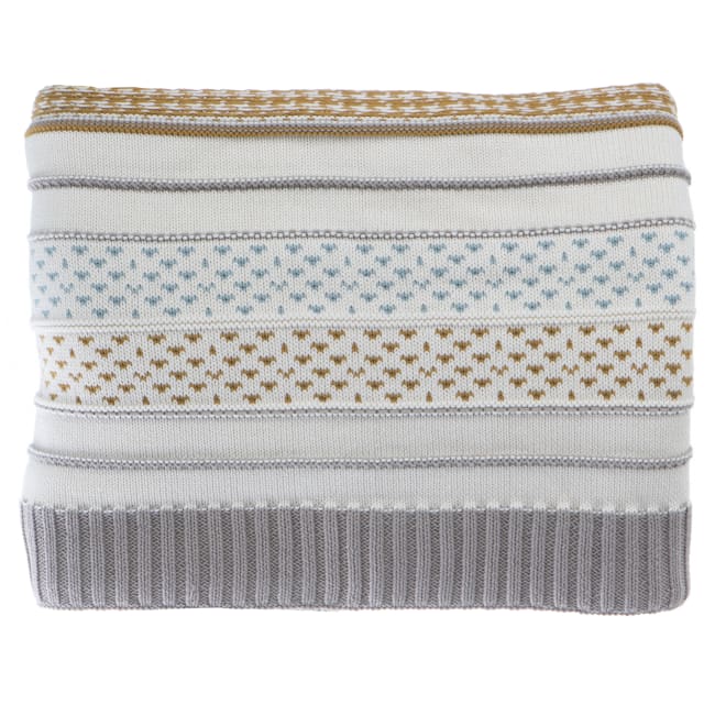 Pledd i bomull offwhite m/striper i grå, gul og grønn 125x150 cm