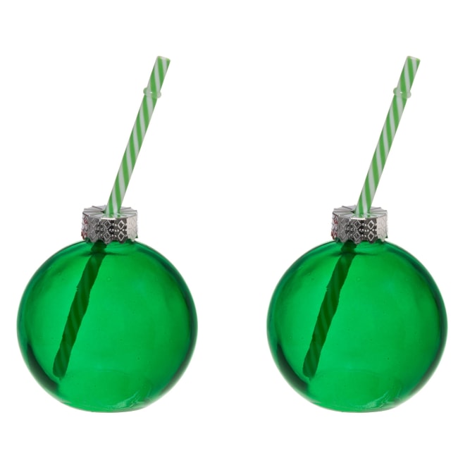 Glass 2pk 'julekule' med sugerør grønn 40cl