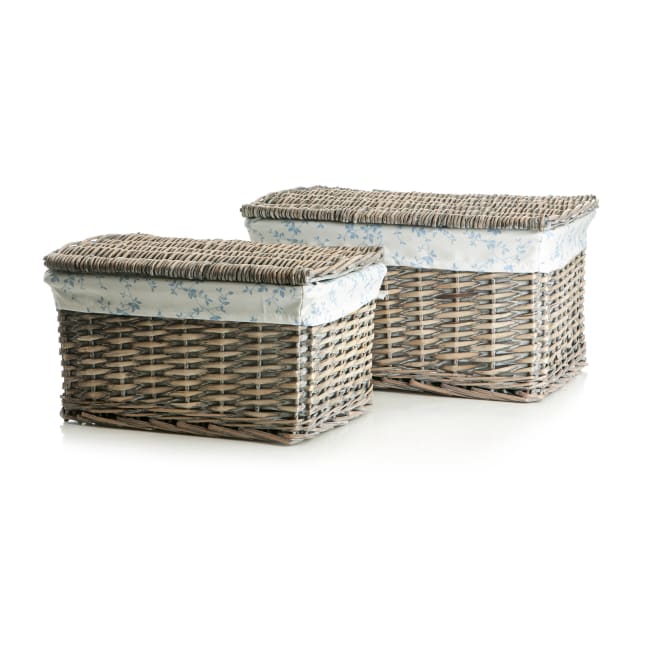 Kiste Songvaar s/2 grå kurv m/blå/hvit trekk