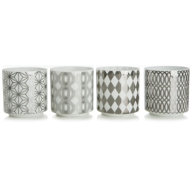 Telysglass 4 ass mønster hvit/sølv porselen H:7 cm