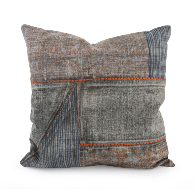 Putetrekk i tykk bomull håndmalt m/stikninger blå/orange 50x50