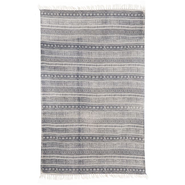 Teppe offwhite/blå striper m mønster i bomull120x180 cm