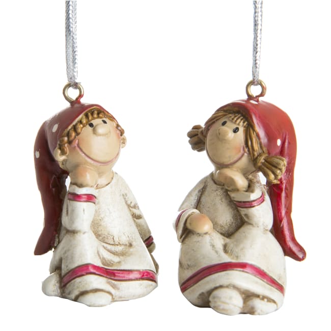 Barn 2 ass sittende polyresin beige/rød for oppheng H:4