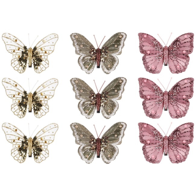 Dekorsommerfugl med klips 3 stk assortert