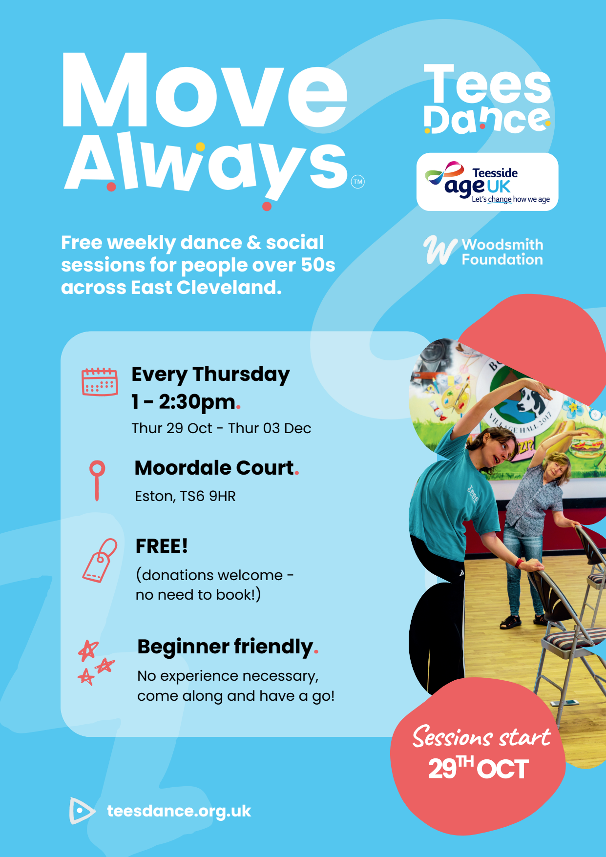 Official TeesDance MoveAlways Eston flyer promoting free weekly dance and social sessions for people aged 50+.