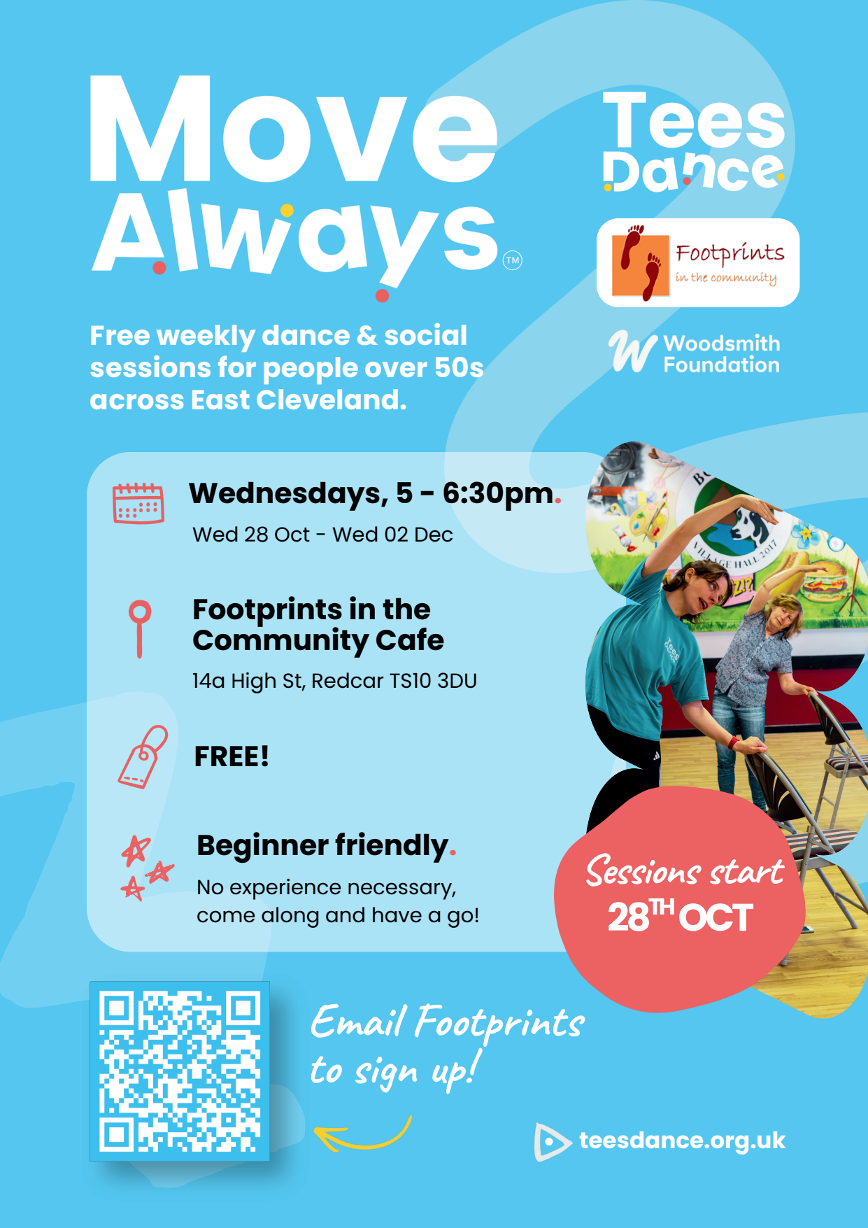 Official TeesDance MoveAlways Redcar flyer promoting free weekly dance and social sessions at Footprints in the Community Café.