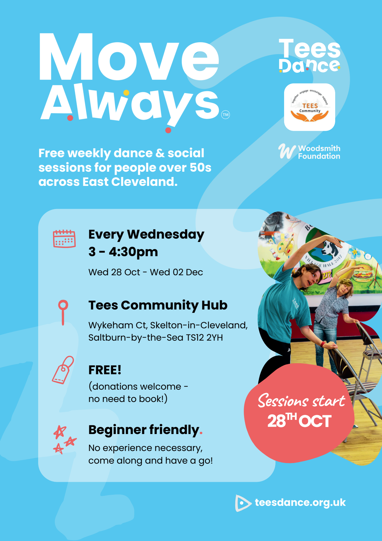 Official TeesDance MoveAlways Skelton flyer promoting free weekly dance and social sessions at Tees Community Hub.