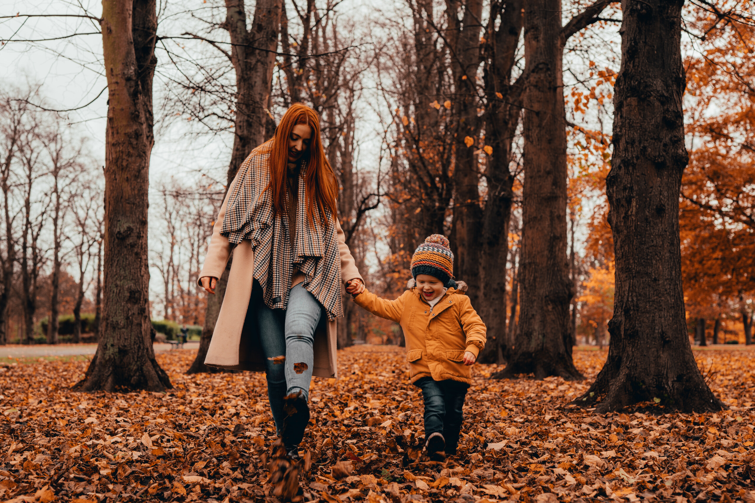 Adult and young child walking through autumn leaves at Preston Park in Stockton-on-Tees, used as a local family activity image