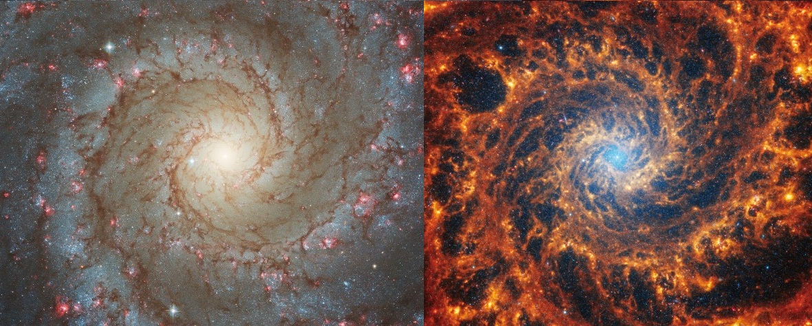 Side-by-side views of spiral galaxy NGC 628 from Hubble and the James Webb Space Telescope