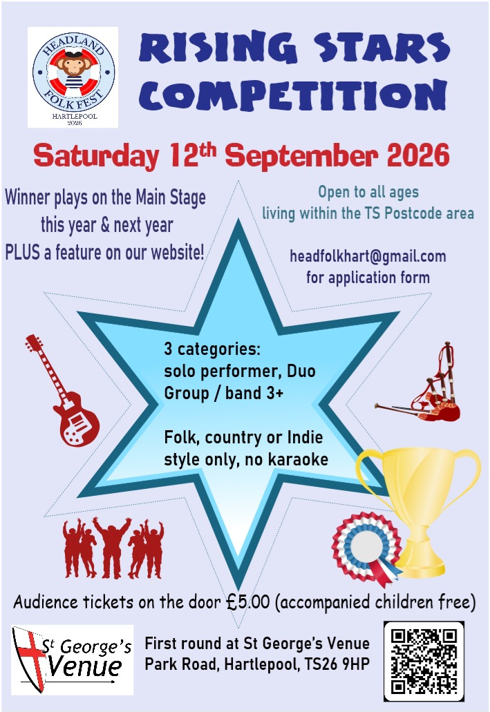 Official Rising Stars competition artwork from Headland FolkFest Hartlepool.