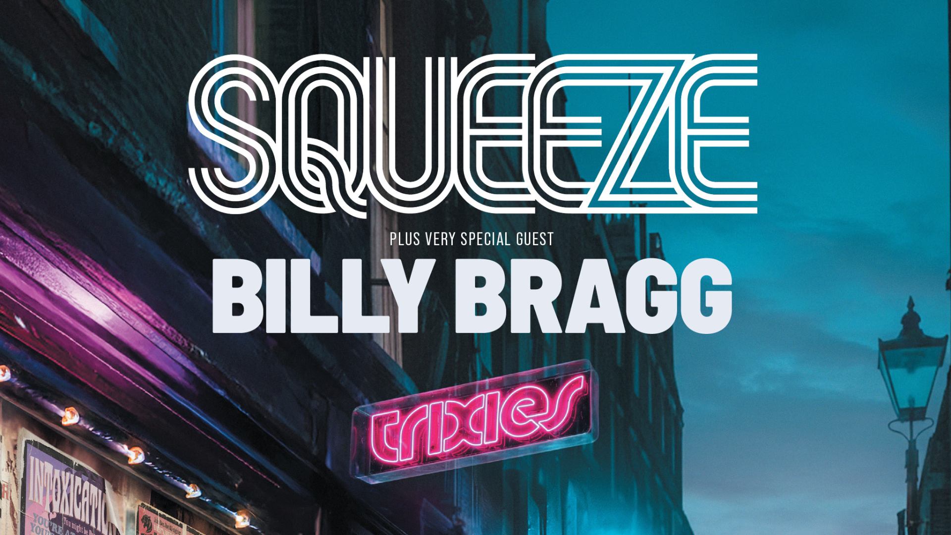 Official promotional artwork for Squeeze with Billy Bragg at Stockton Globe