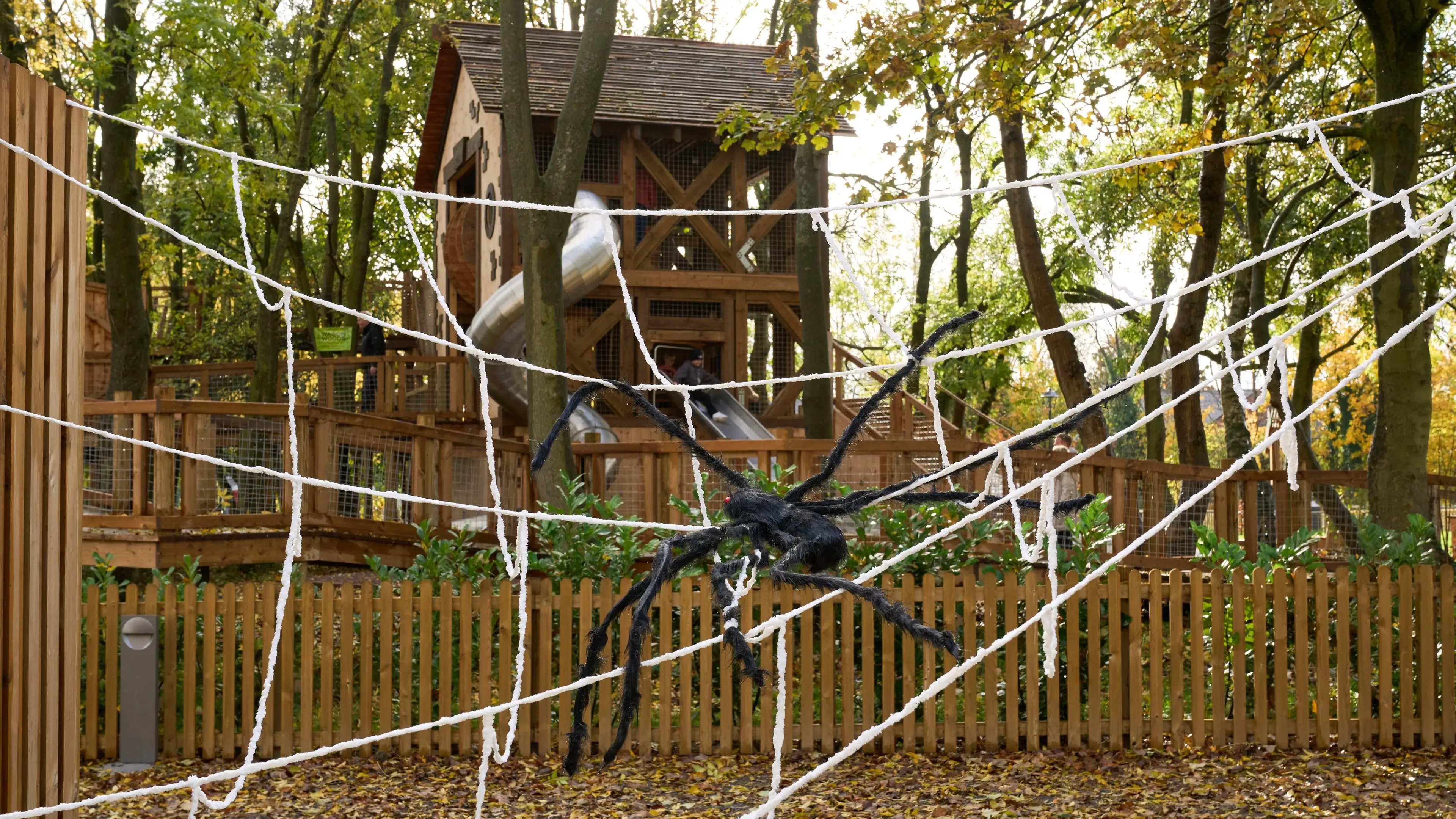 Halloween bushcraft setting at Hopetown Darlington with a giant spider decoration stretched across a web in the woodland play area