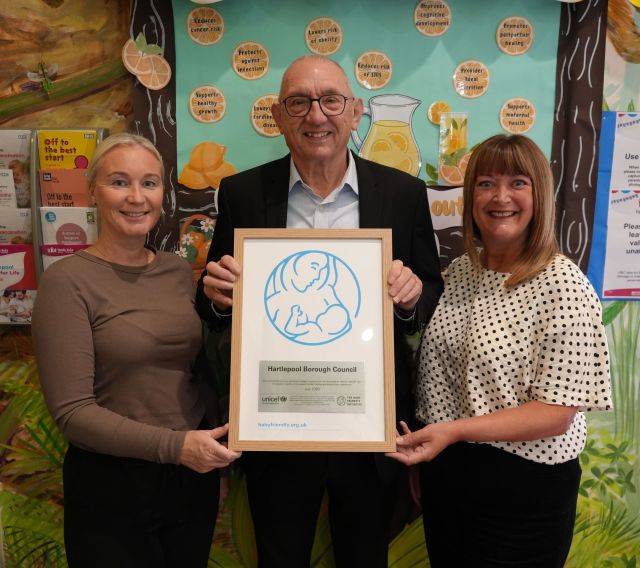 Michelle Readhead, Councillor Jim Lindridge and Clare Wright with Hartlepool's UNICEF UK Baby Friendly award