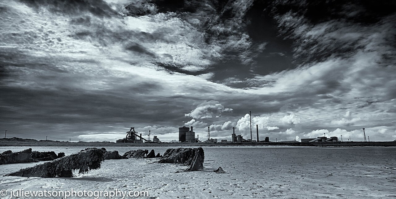 Archive view across the Teesside industrial landscape with steelworks in the background