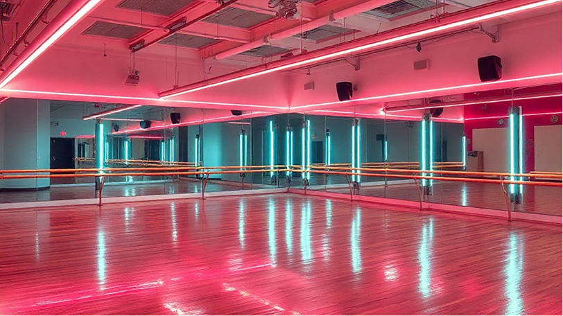 Main studio hall with mirrors and neon lighting