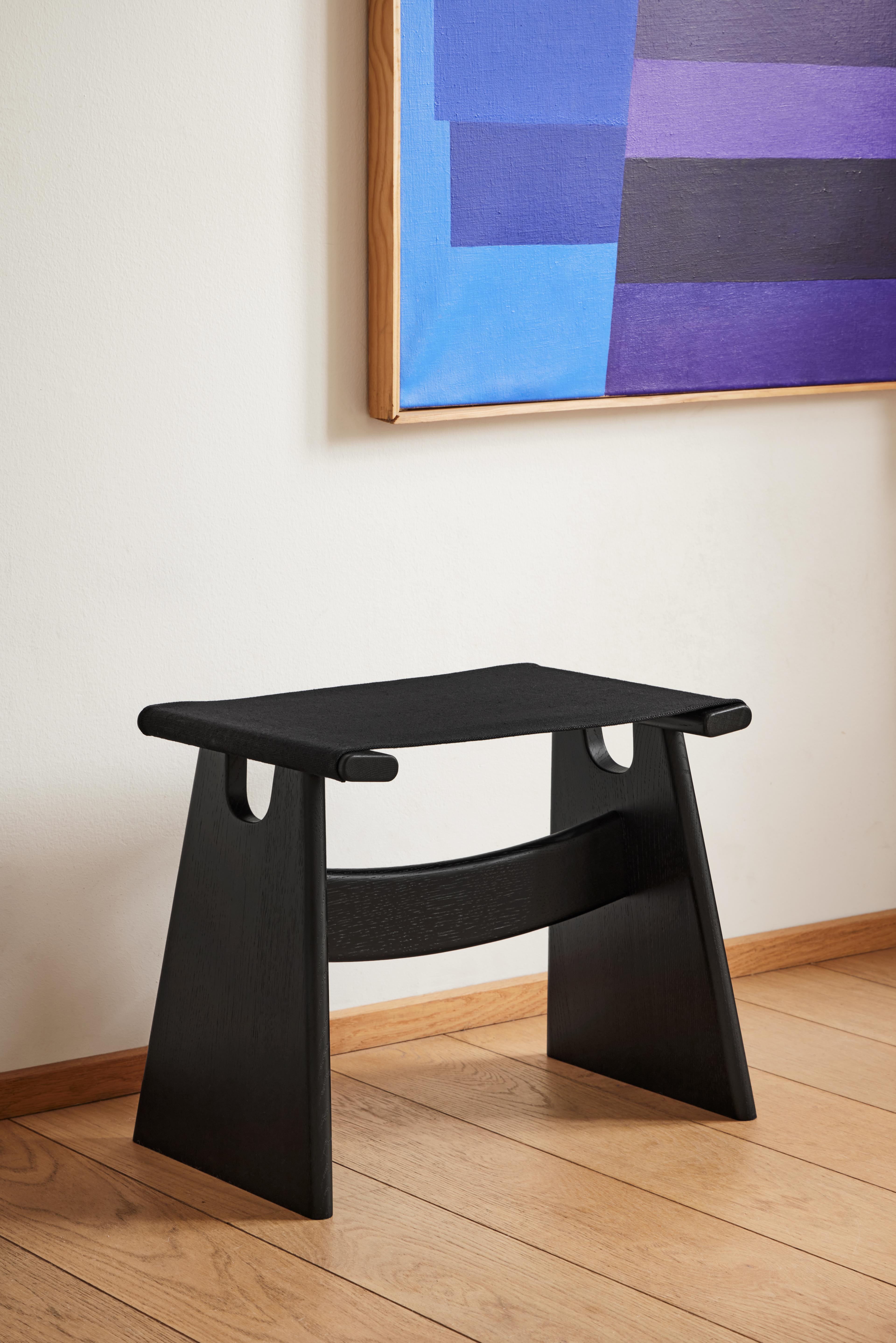 Seto Stool in Black Canvas and solid black lacquered oak by Keiji Takeuchi