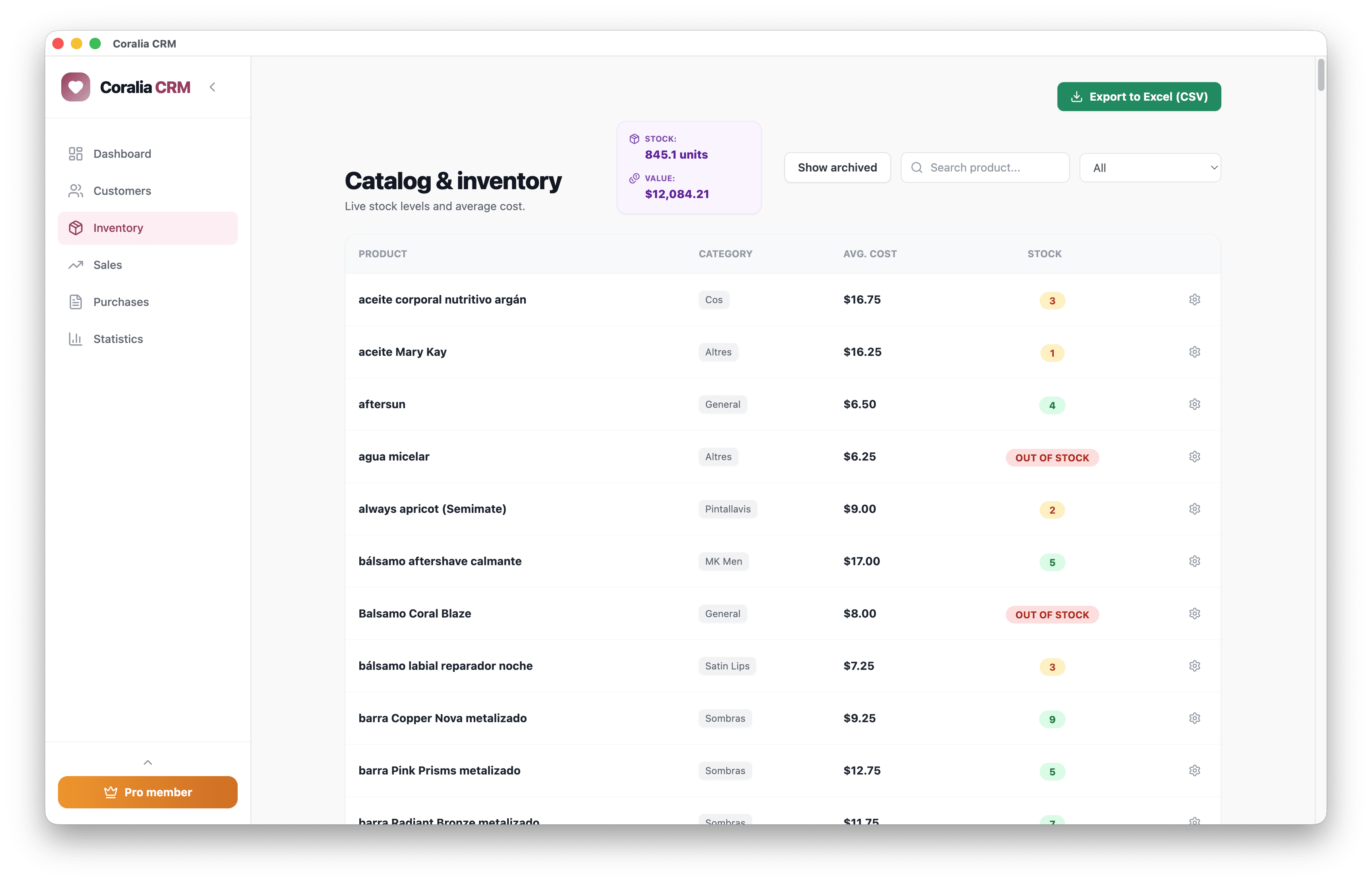 Coralia CRM inventory