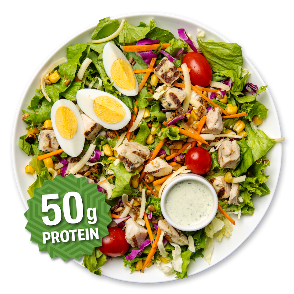 Top down image of the High Protein Chicken Cobb Salad