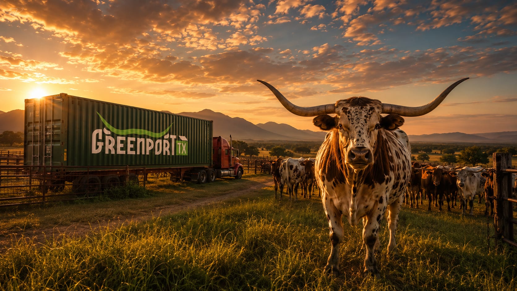 Texas Longhorn en rancho GreenPort TX al atardecer