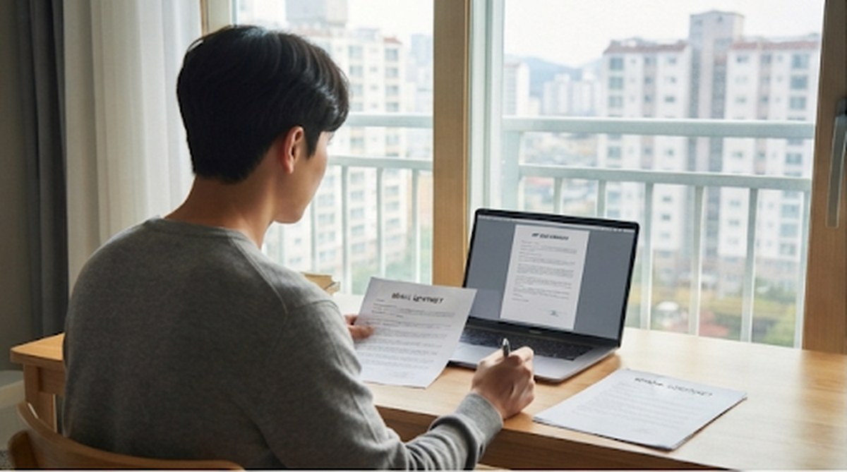 창가 책상에서 노트북으로 전세 계약 서류를 살펴보는 청년의 뒷모습