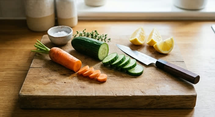 주방 도마 위에 채소와 과도가 놓여 있고 옆에 레몬 조각이 있는 사진