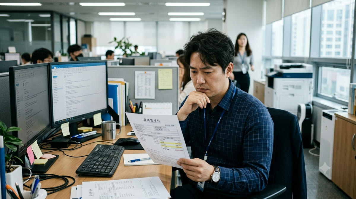 월급명세서를 보며 걱정스러운 표정으로 앉아있는 직장인