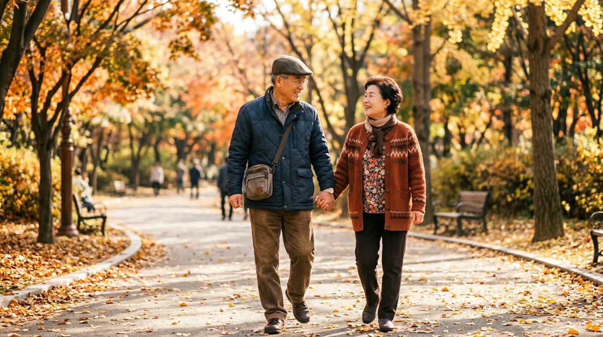 공원에서 손을 잡고 걷는 노년 부부의 뒷모습