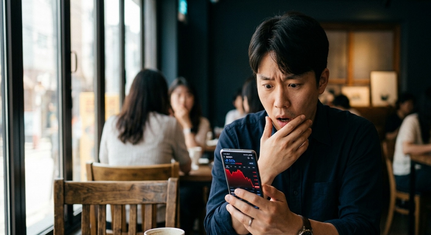 스마트폰 주식 앱 화면의 급락한 빨간 차트를 불안한 표정으로 바라보는 개인투자자