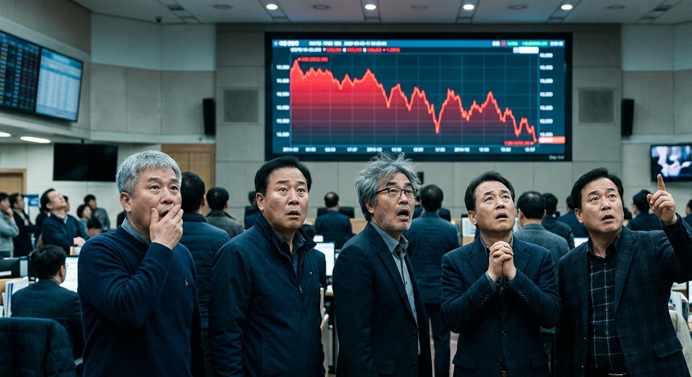 증권사 객장 전광판 앞에서 급락하는 주가 그래프를 놀란 표정으로 올려다보는 투자자들