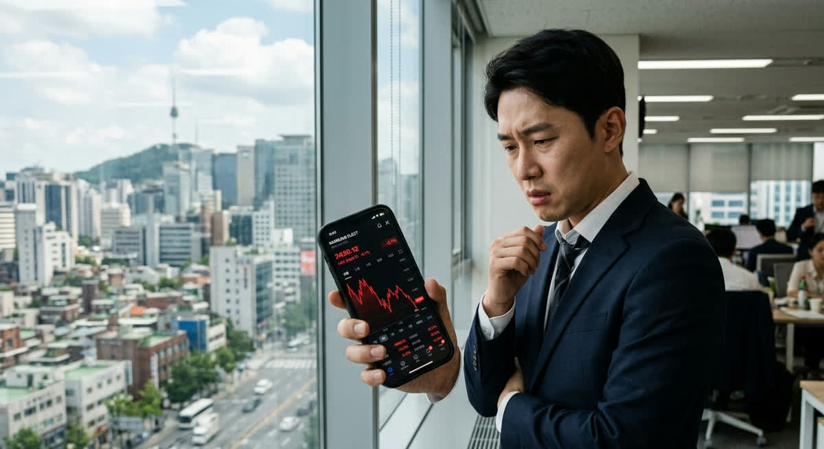 스마트폰으로 하락한 주식 차트를 걱정스럽게 바라보는 직장인