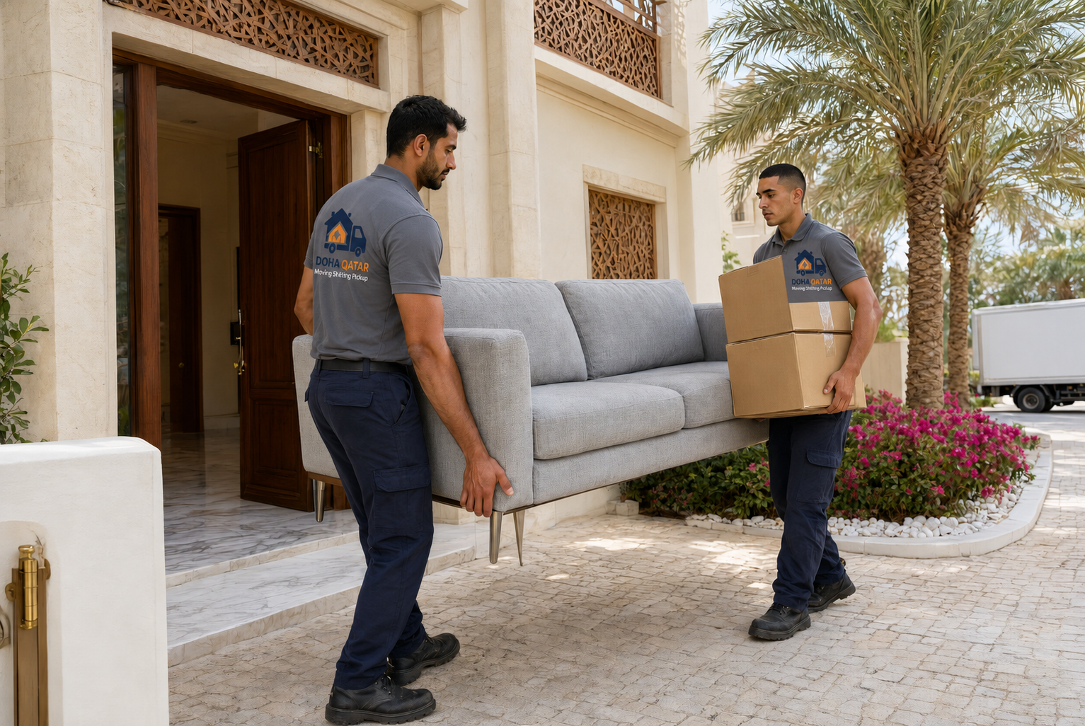 Moving crew loading boxes into truck