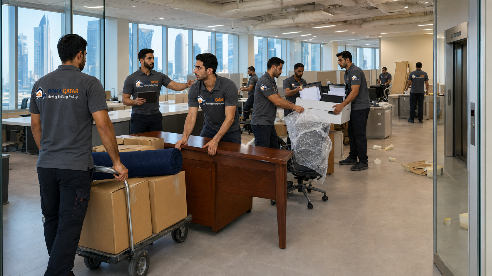 Movers carrying furniture out of a home