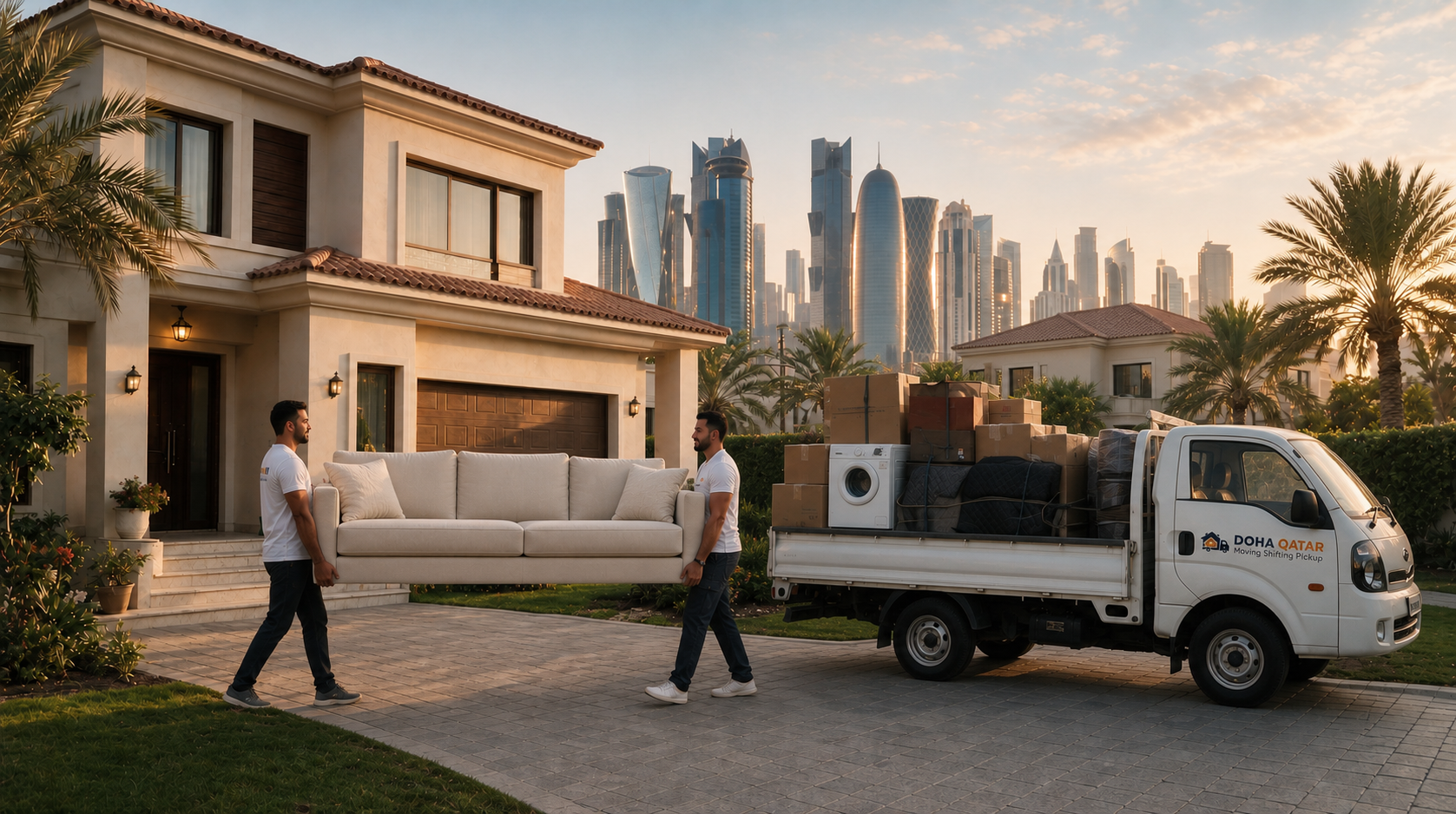 Movers wrapping furniture before transport in Doha