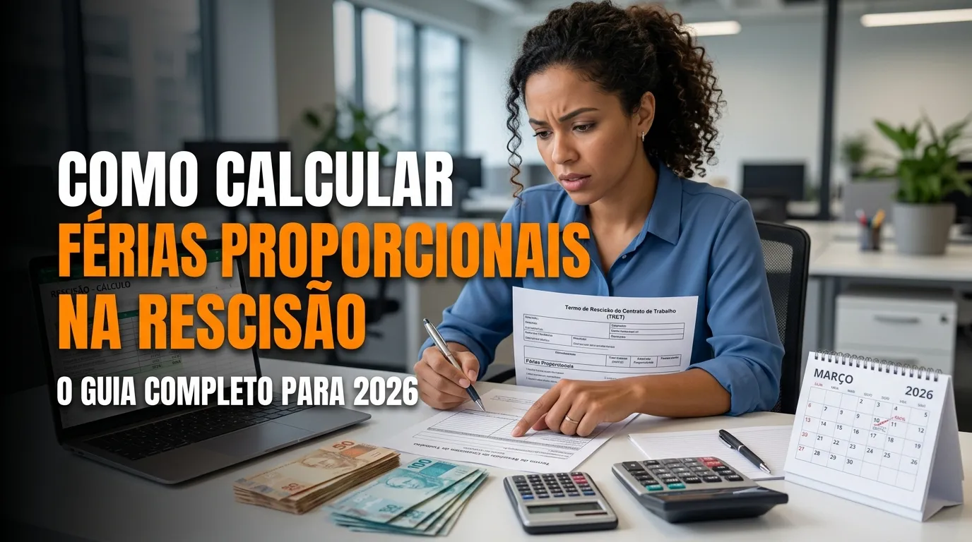 Ilustração com uma calculadora, calendário e moedas, representando o cálculo de férias proporcionais na rescisão de contrato.