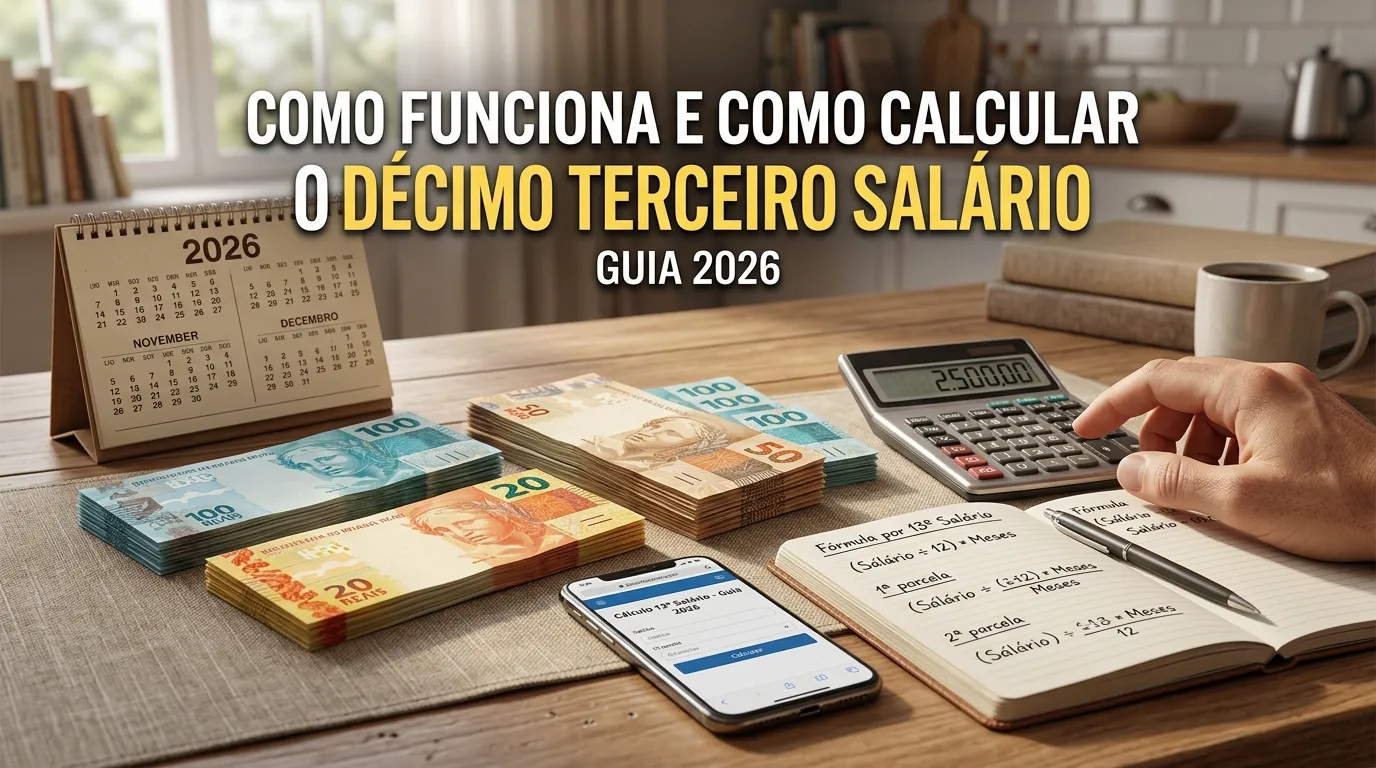 Ilustração com um calendário, notas de dinheiro e moedas que representam o pagamento do décimo terceiro salário em duas parcelas.
