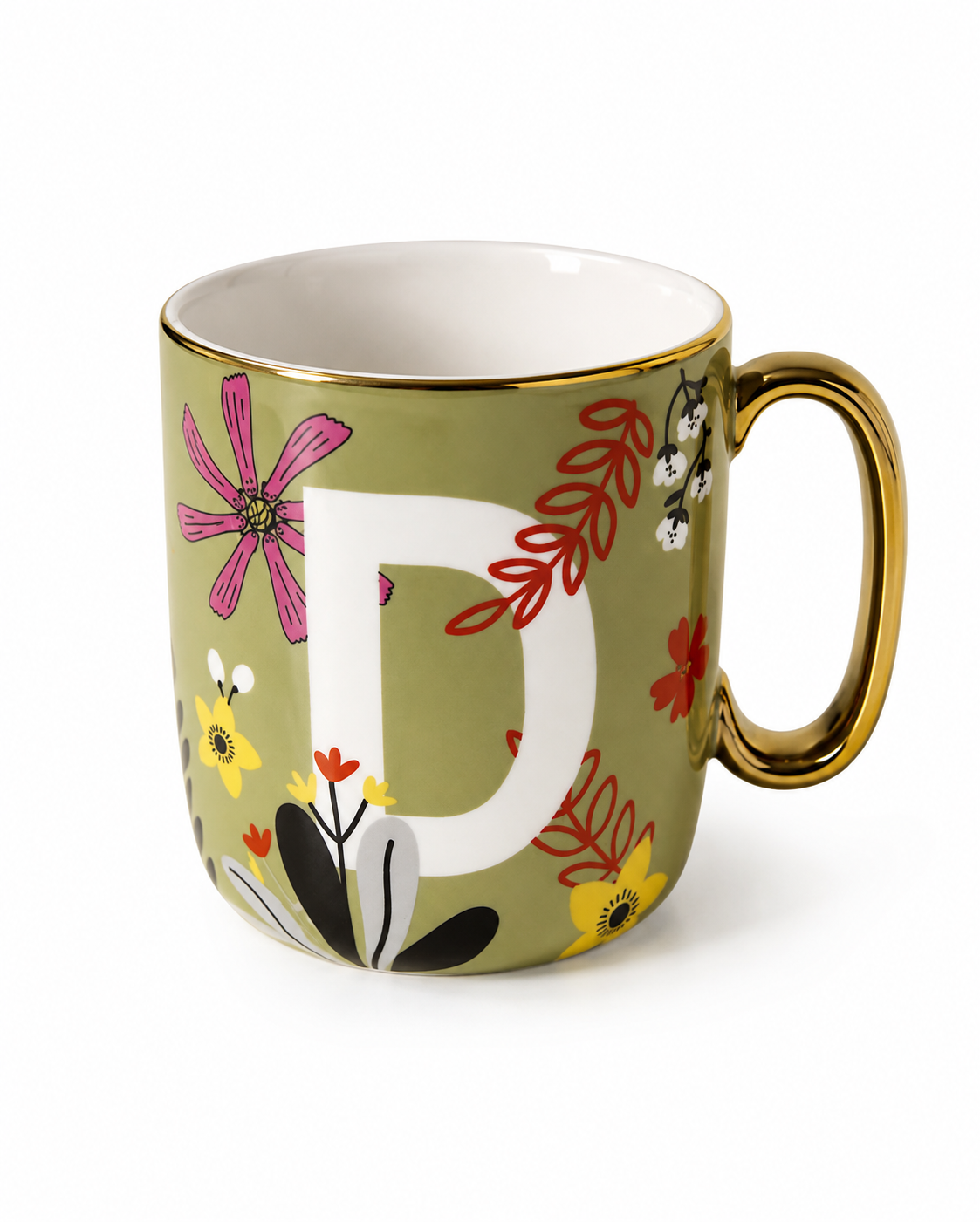 Alphabet Olive Green Floral Monogram Mug