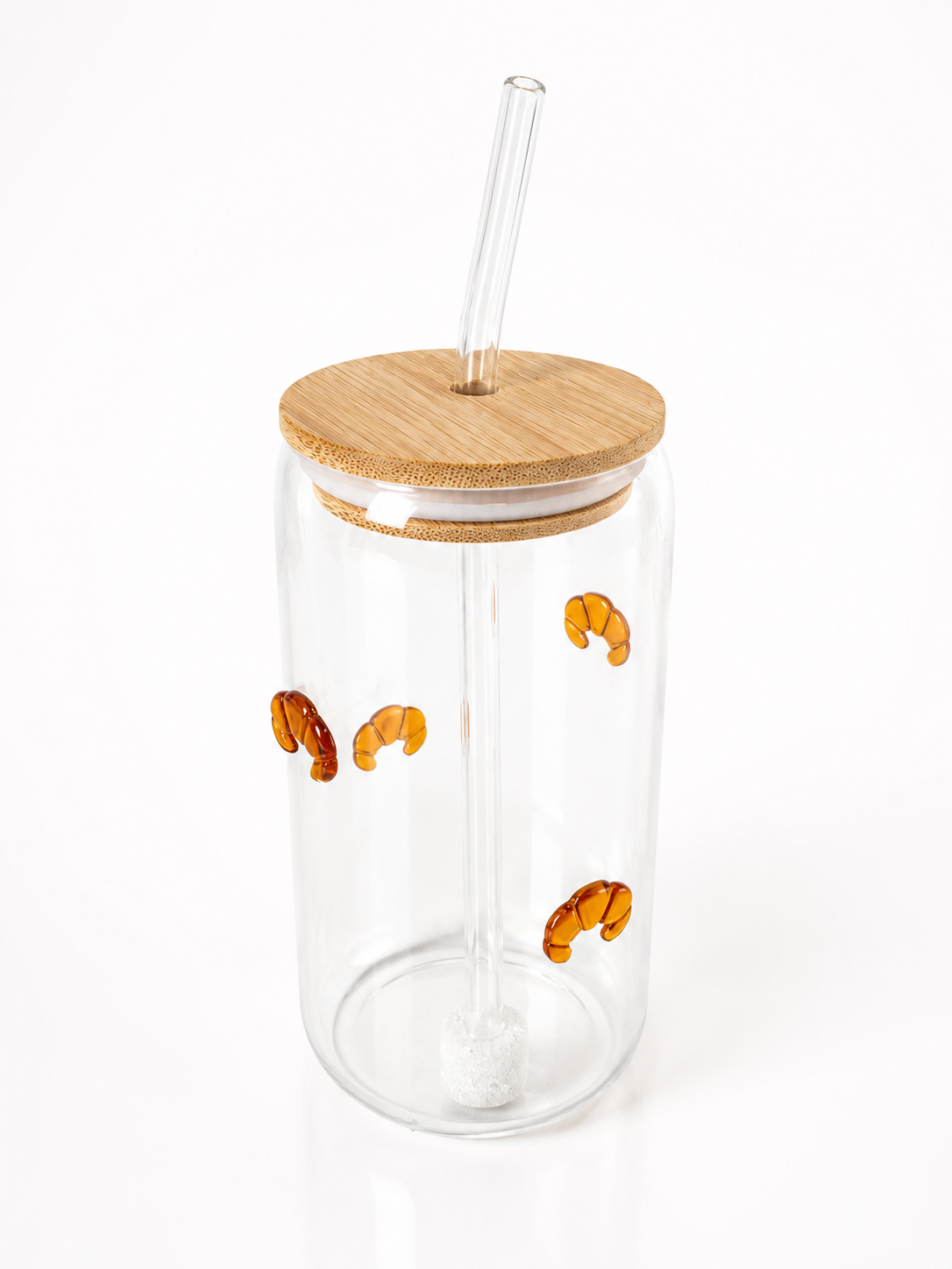 Bamboo Lid & Croissant Design Glass Tumbler