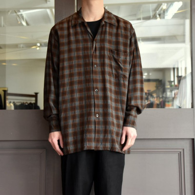 COMOLI コモリ 19SS 日本製 レーヨン オープンカラーシャツ P01-01013 3 BROWN CHECK 長袖 チェック トップス【COMOLI】