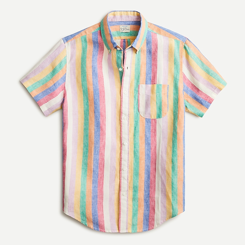 LINEN SHORT SLEEVE MULTI STRIPE BUTTON UP SHIRT