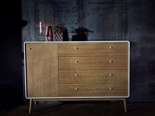 Very Goods | Amber dresser with 4 drawers and door | Anthracite lacquered,  Drawers in anthracite with leather handle | Bolia.com