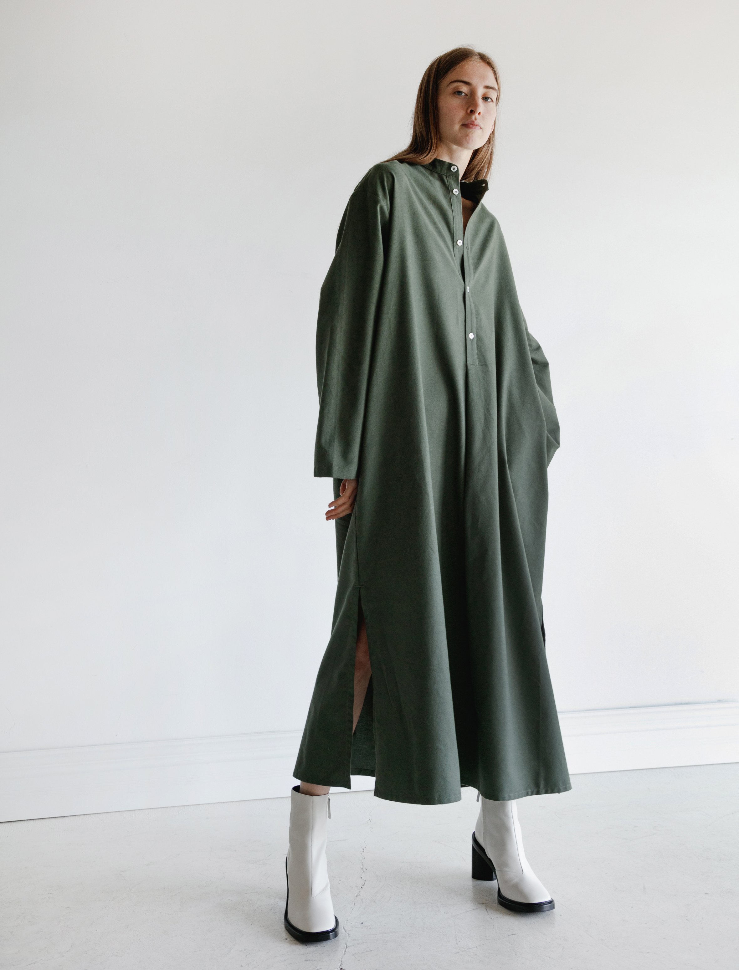 Very Goods | CristaSeya Cotton Flannel Maxi Shirt Dress Khaki 