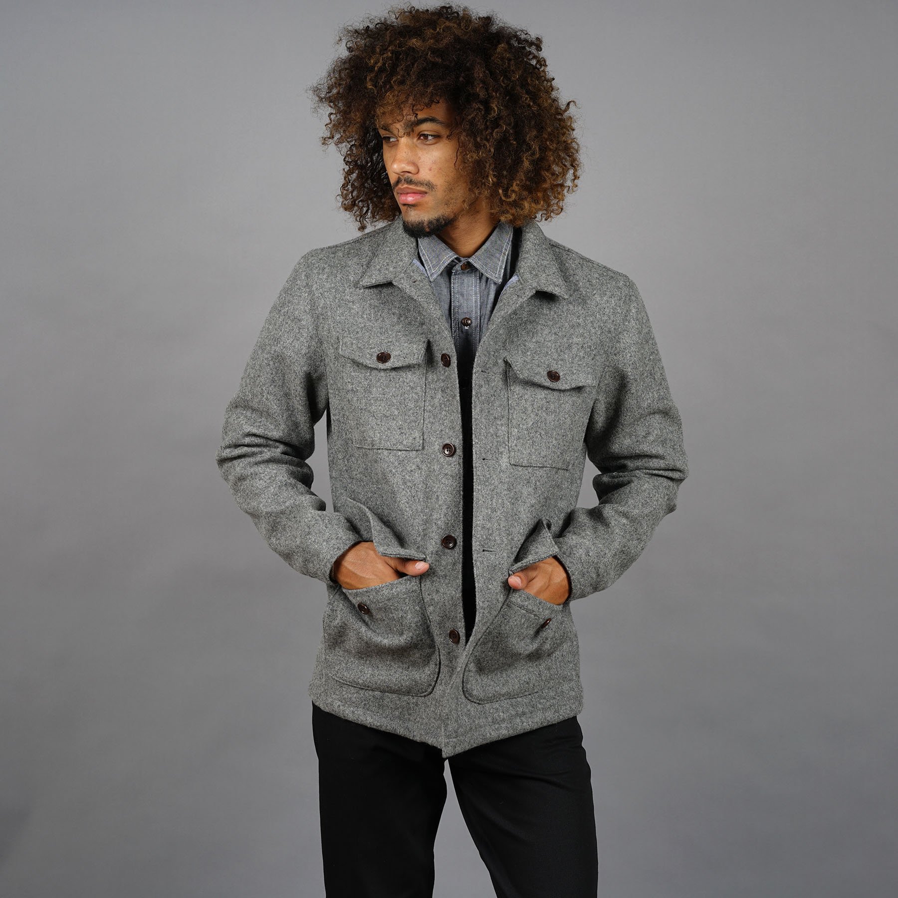Very Goods Fatigue Jacket in Oxford Grey Wool Melton Epaulet New York