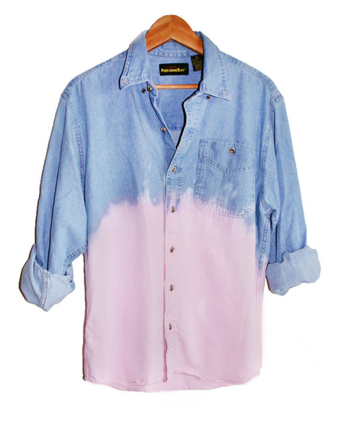 90s Grunge Unisex Pastel Pink Dip Dye Ombre Denim Long Sleeve Shirt Top Oversized