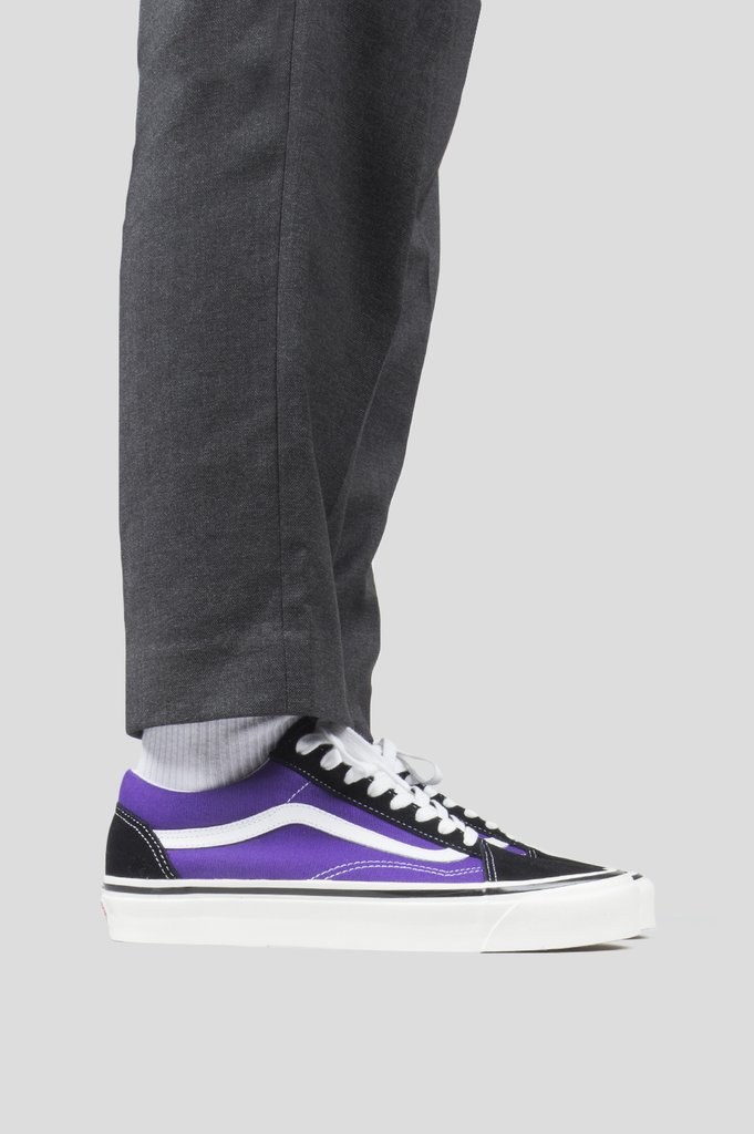 purple and black old skool vans