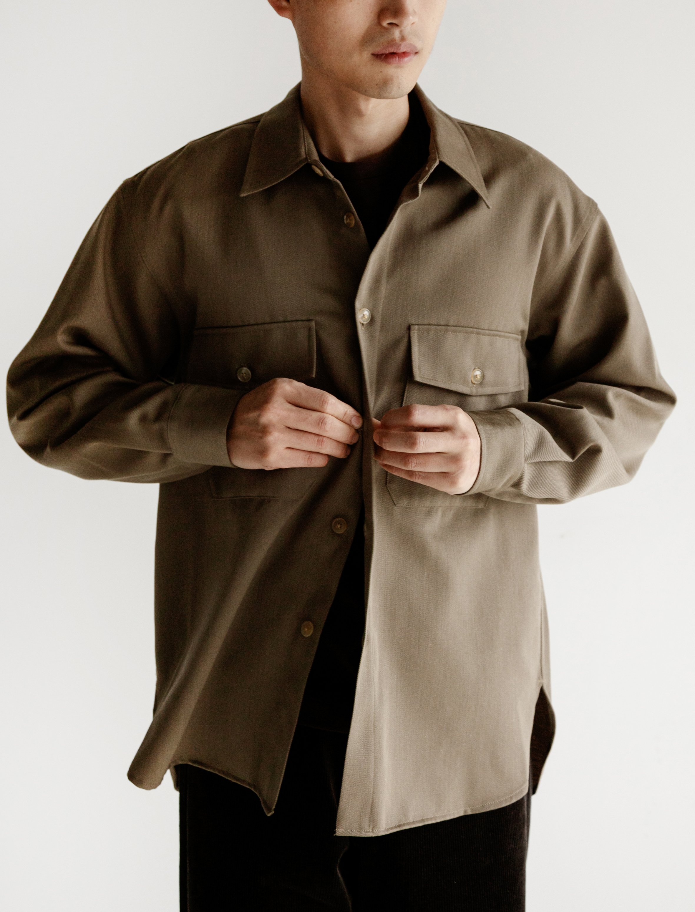 Very Goods | Auralee Wool Kid-Mohair Gabardine Shirt Khaki Very Goods | Auralee Wool Kid-Mohair Gabardine Shirt Khaki