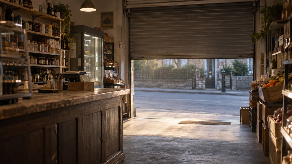 The shop before opening, lights just on and nobody in yet
