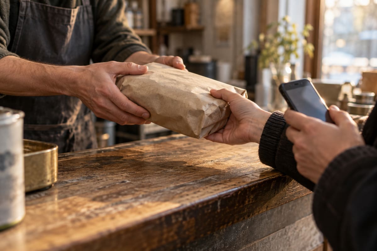 Hands across the counter, goods passing one way and a phone held out the other