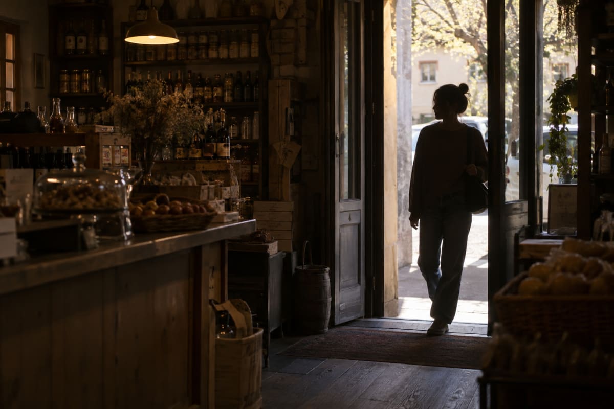 A customer pausing in the doorway, backlit