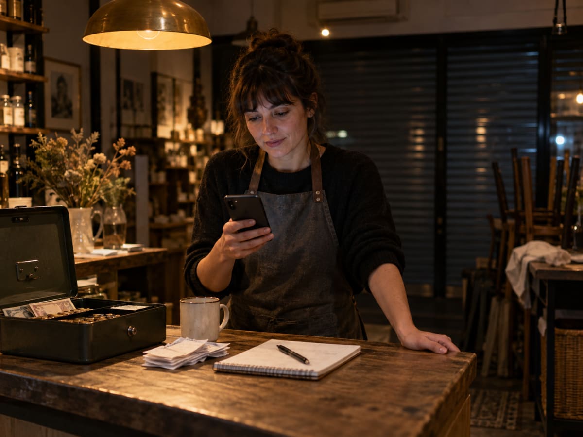 The owner at the counter after closing, phone in hand