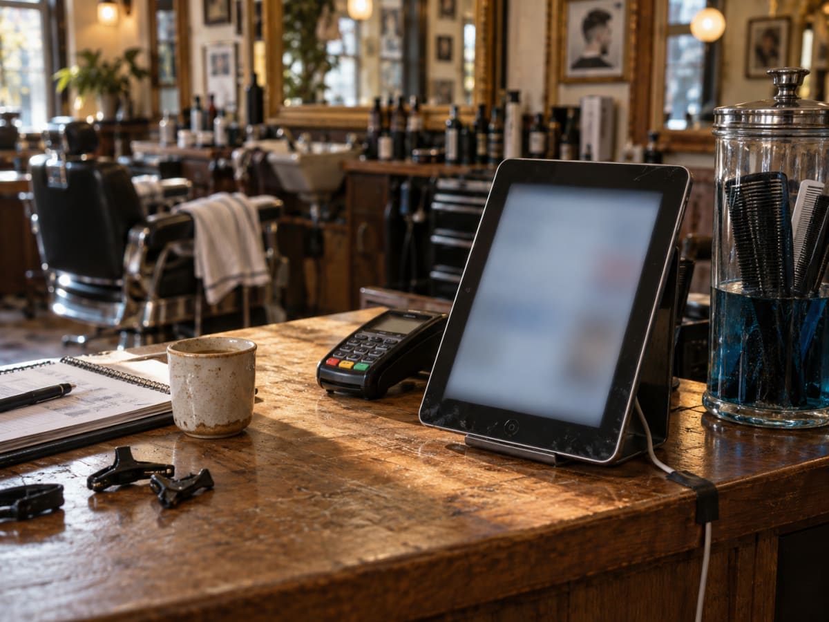 The staff tablet on the counter with the scanner running